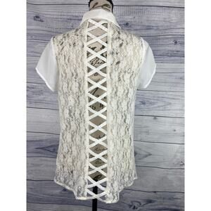 Uno Core Sheer Top Womens S Floral Lace Lattice Back Short Sleeves Collar White